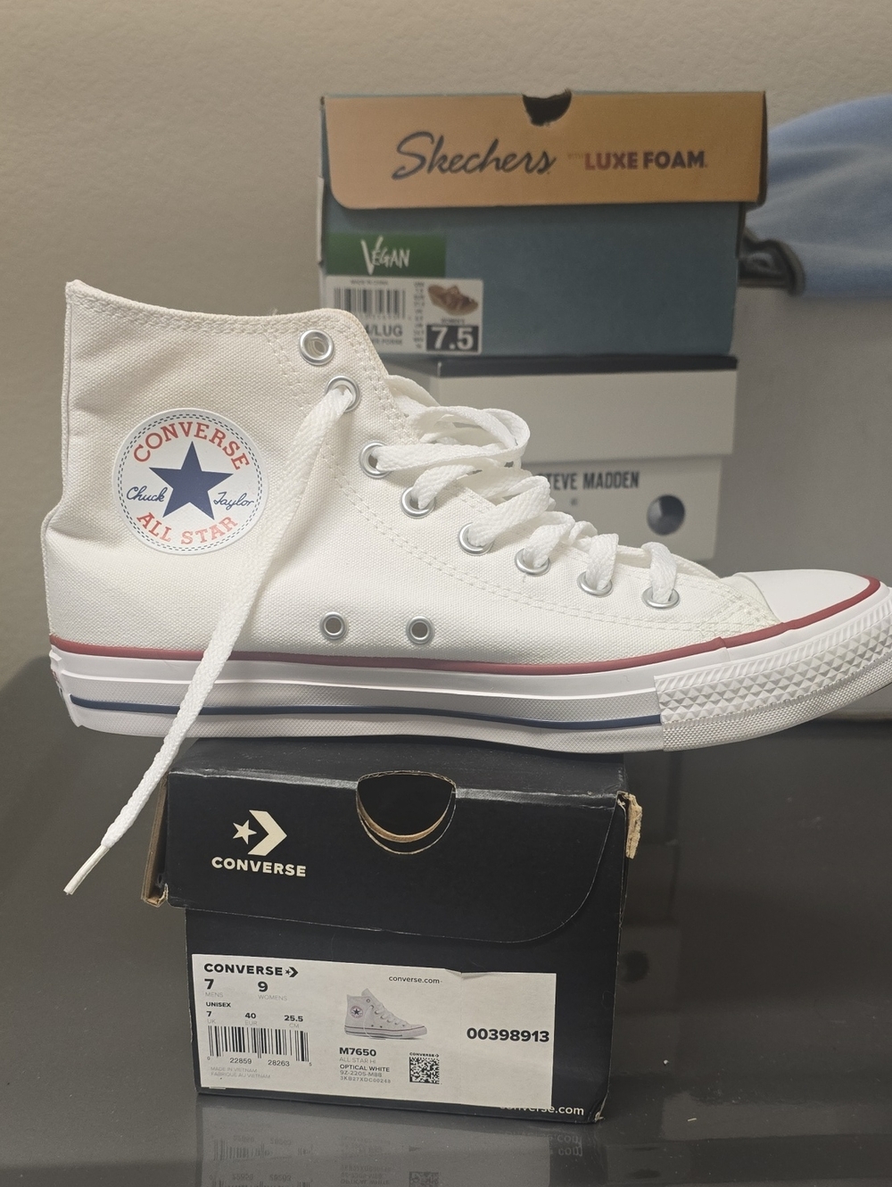 [brand new] Converse White High Top Sneakers with Red & Navy Stripe